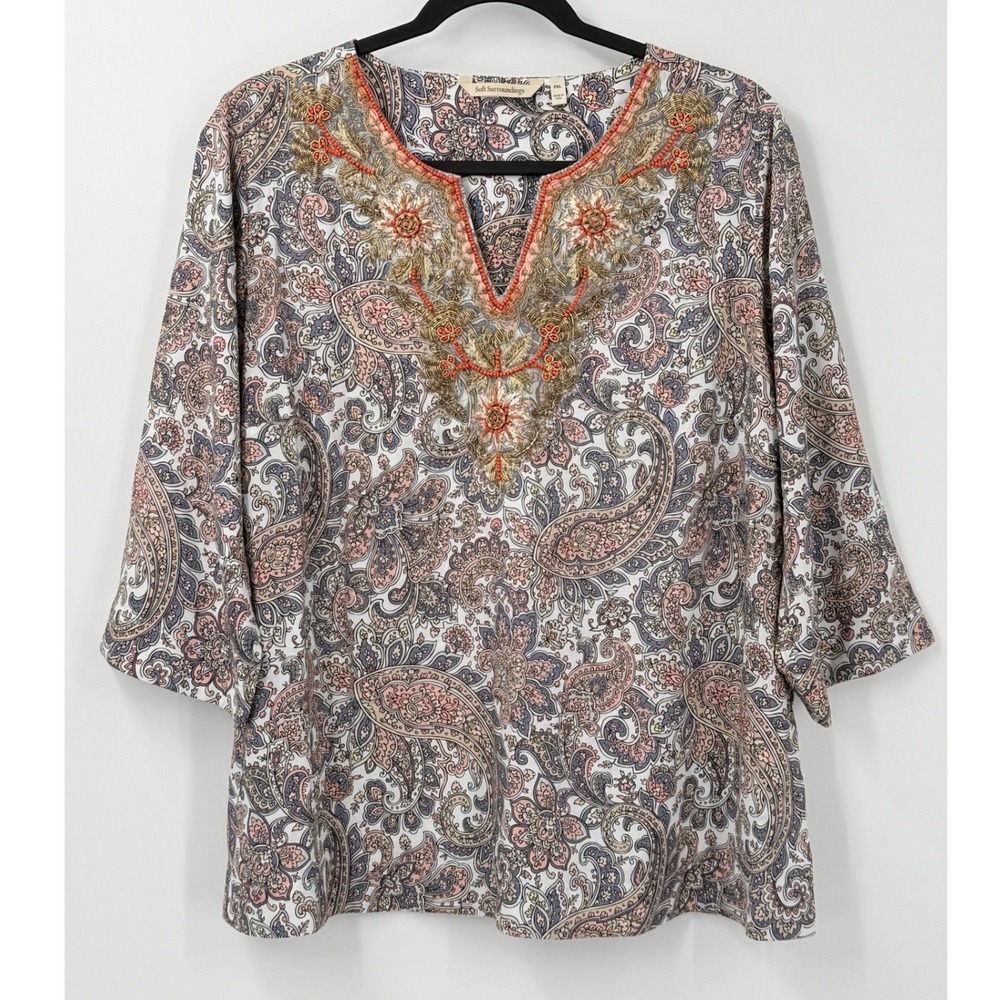 Soft Surroundings Tunic Womens PXL petite Boho Artsy Paisley Beaded Embroidered